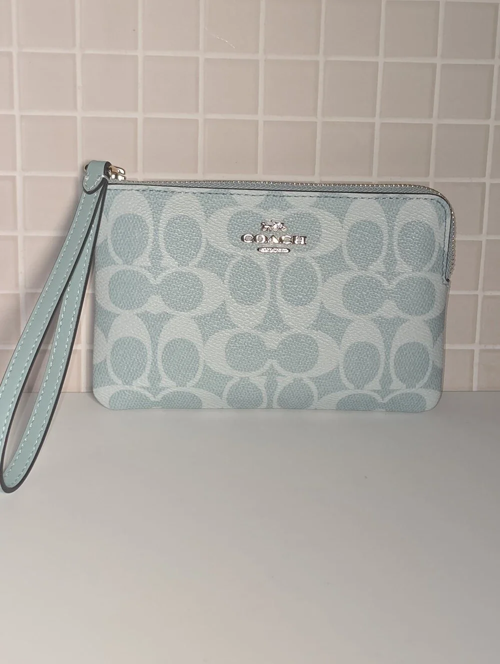 Coach Light Blue Signature Wristlet Pouch with Silver Logo